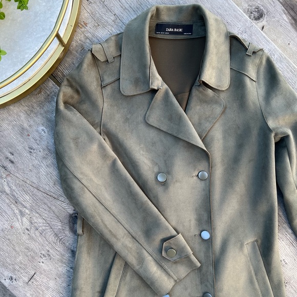 Zara Basic full length faux suede army green button up collared trench coat - Picture 12 of 15